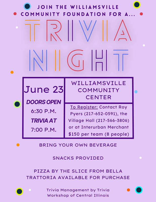 Trivia night flyer with details: June 23 with doors opening at 6:30 p.m. To register contact Roy Pyers or the Village Hall. Teams are $150 per team for 8 people.